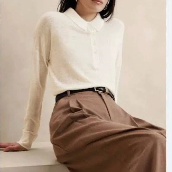 banana republic linen blend long sleeve johnny collar shirt iced vanilla - Picture 1 of 10